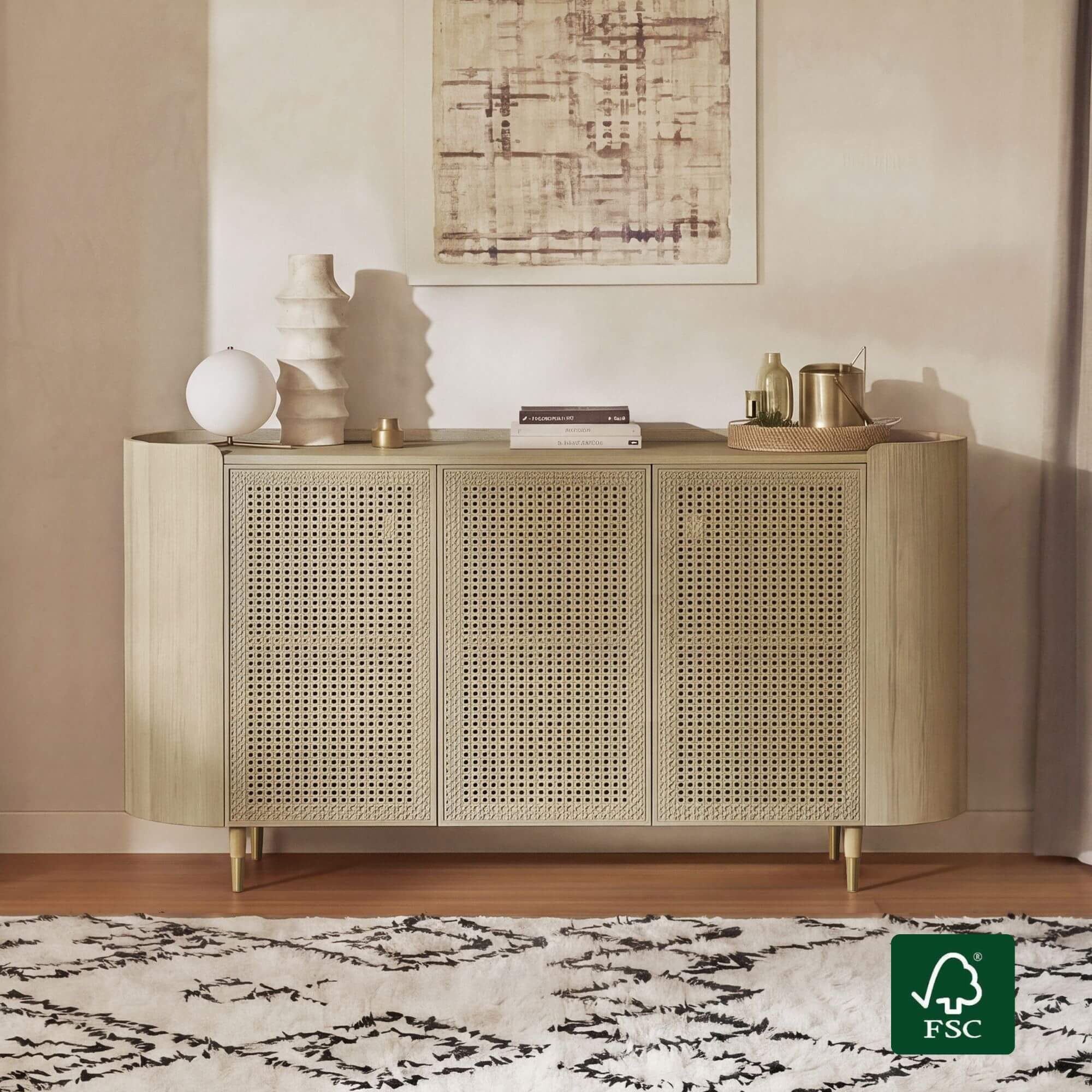 Sideboard in Scandinavian Design with Woven Rattan Accents