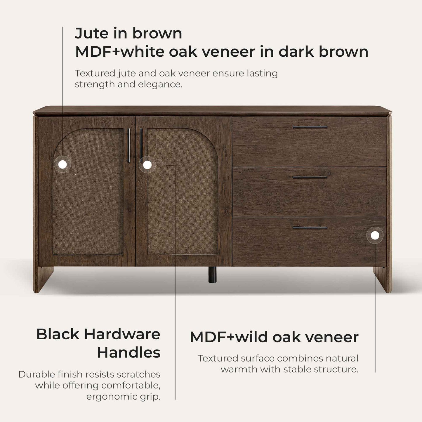 Sideboard in Vintage Wood with 3 Drawers, 63" Long