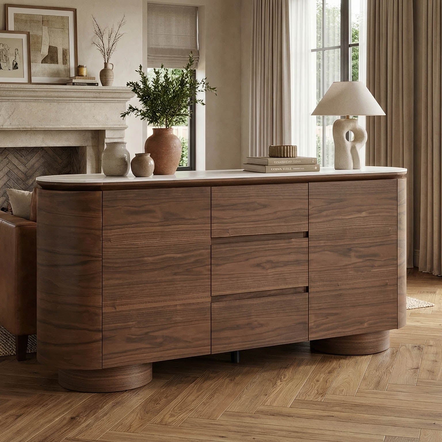 Sideboard in Walnut with Cylindrical Base, 63 Inches