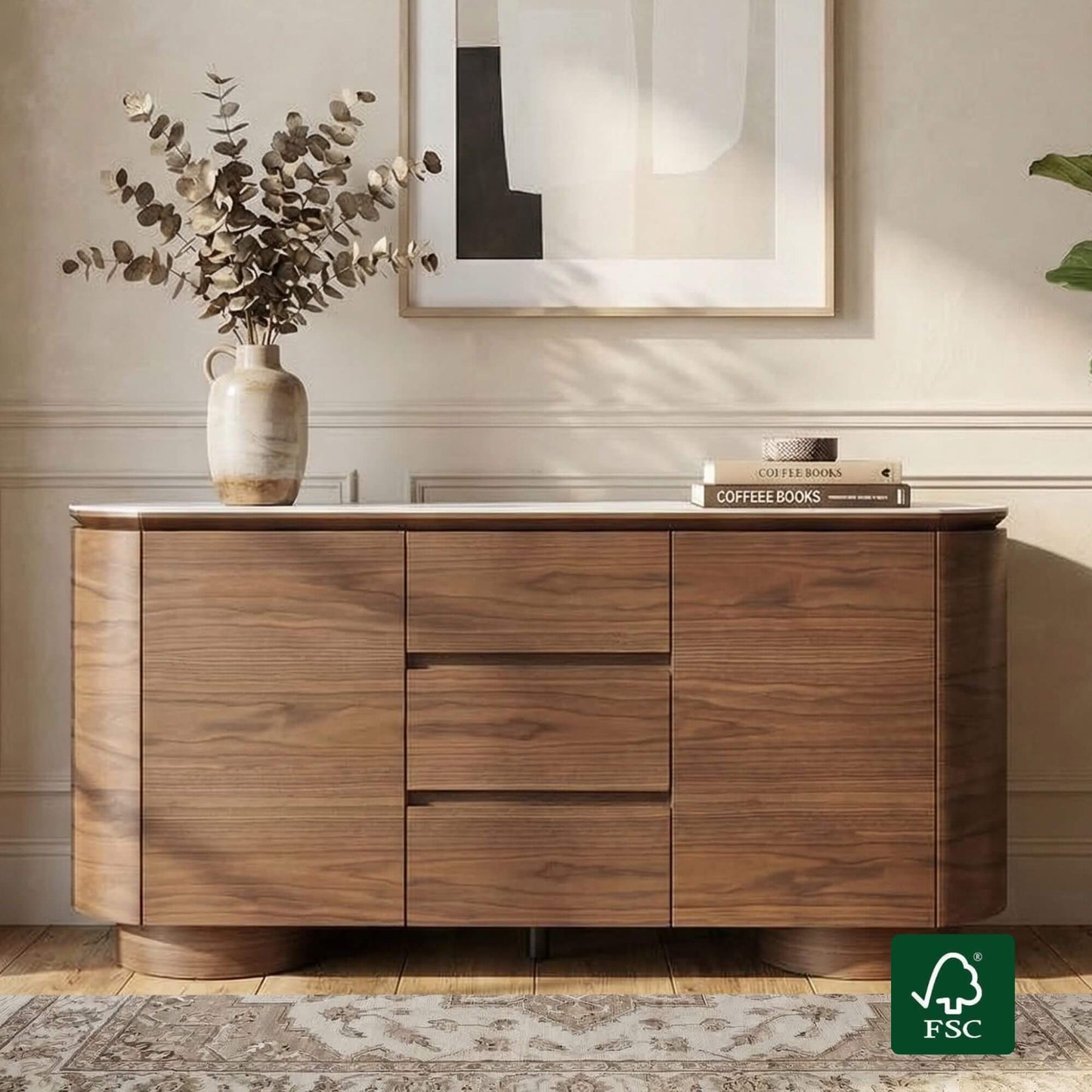 Sideboard in Walnut with Cylindrical Base, 63 Inches