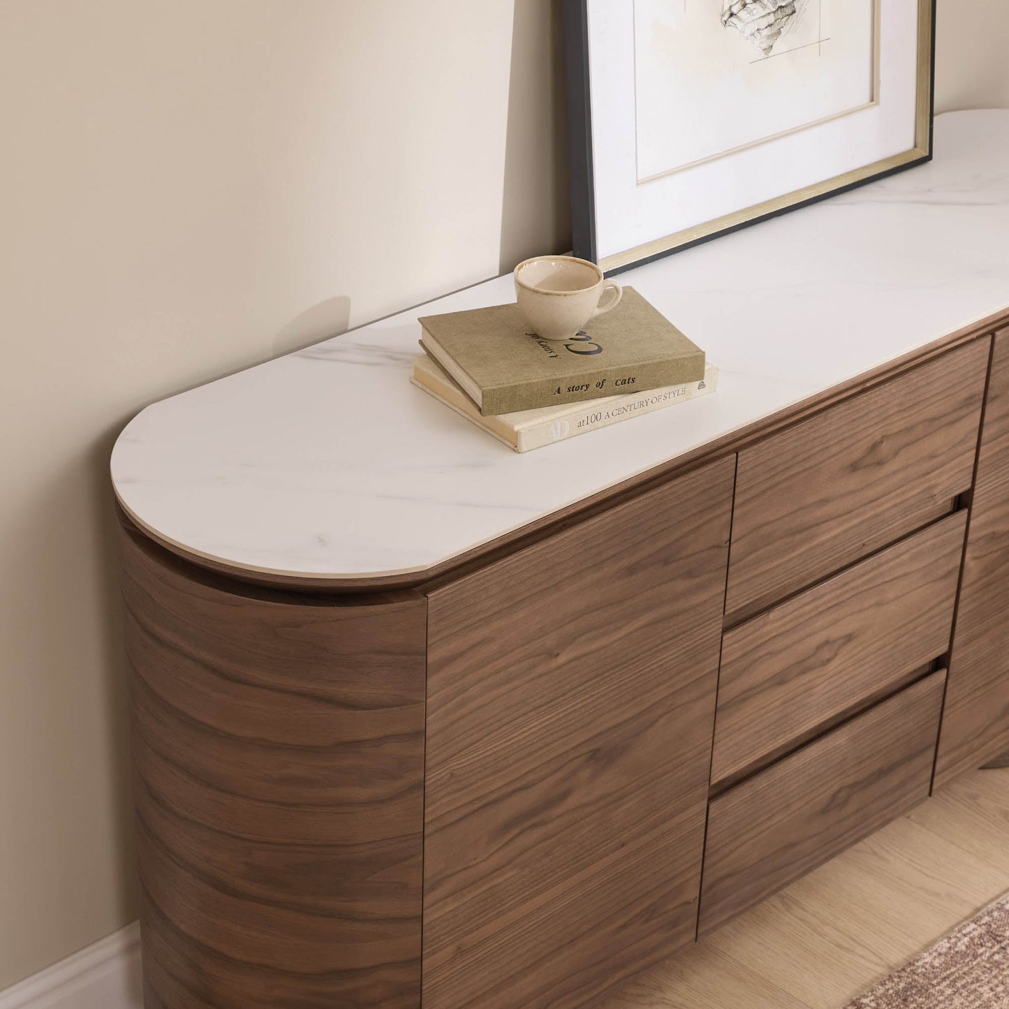 Sideboard in Walnut with Cylindrical Base, 63 Inches