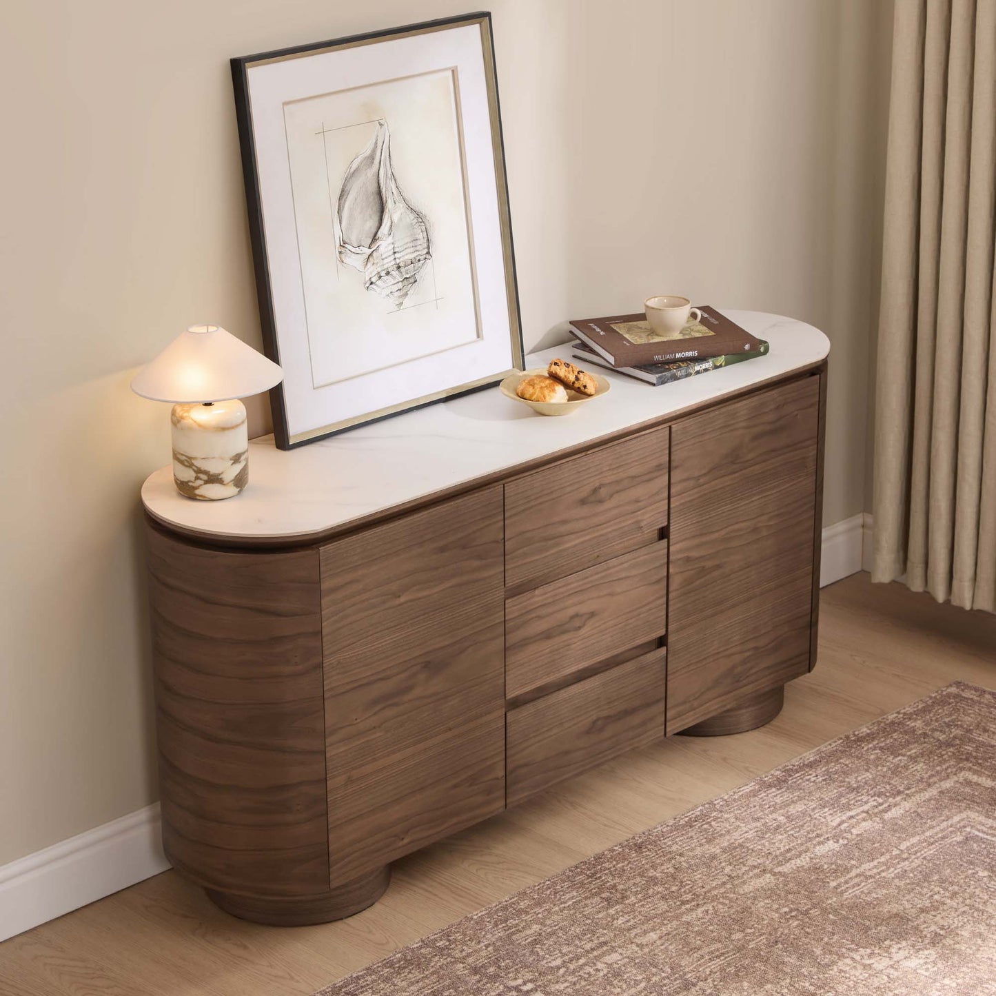 Sideboard in Walnut with Cylindrical Base, 63 Inches