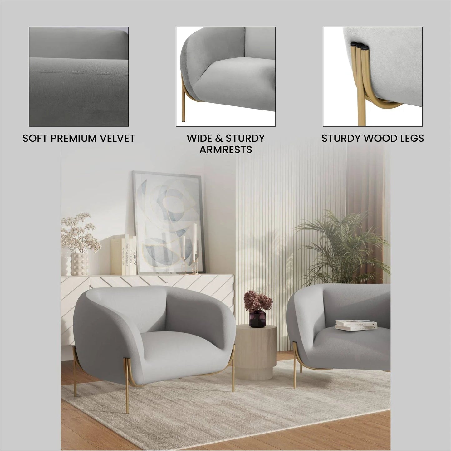 Single Seater Sofa in Velvet with Gold Iron Legs