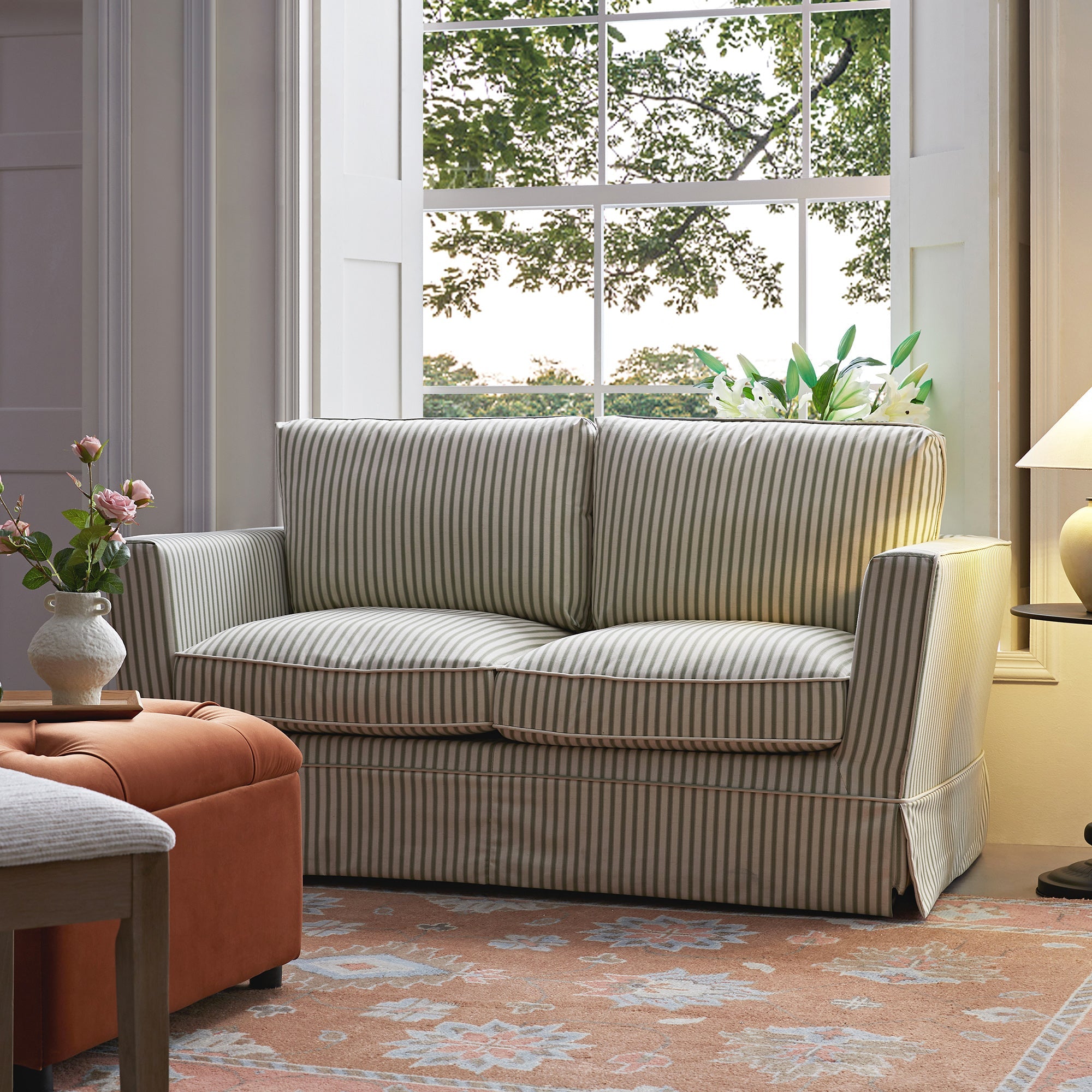 Skirted 2-Seater Sofa in Sage Striped Linen Blend
