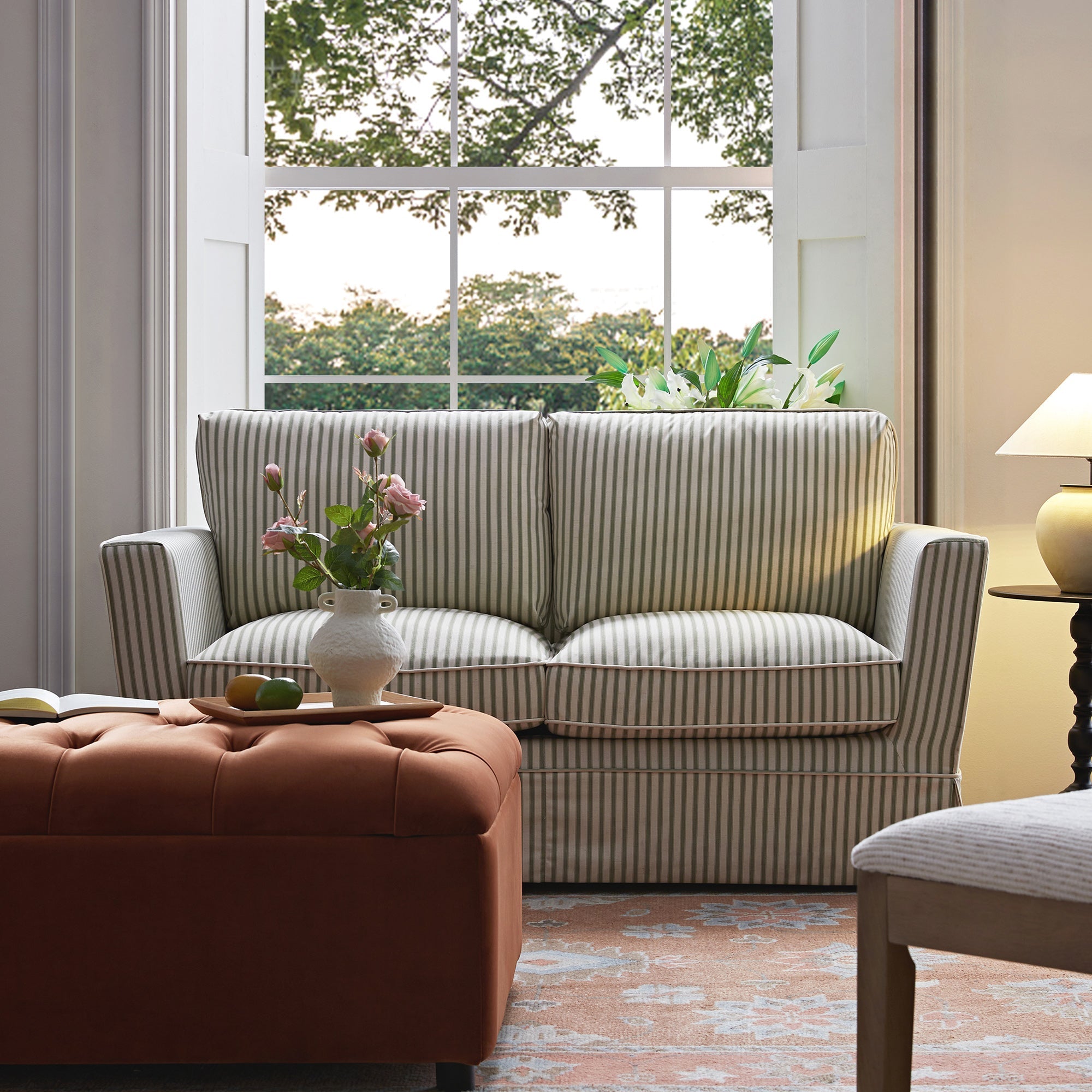 Skirted 2-Seater Sofa in Sage Striped Linen Blend