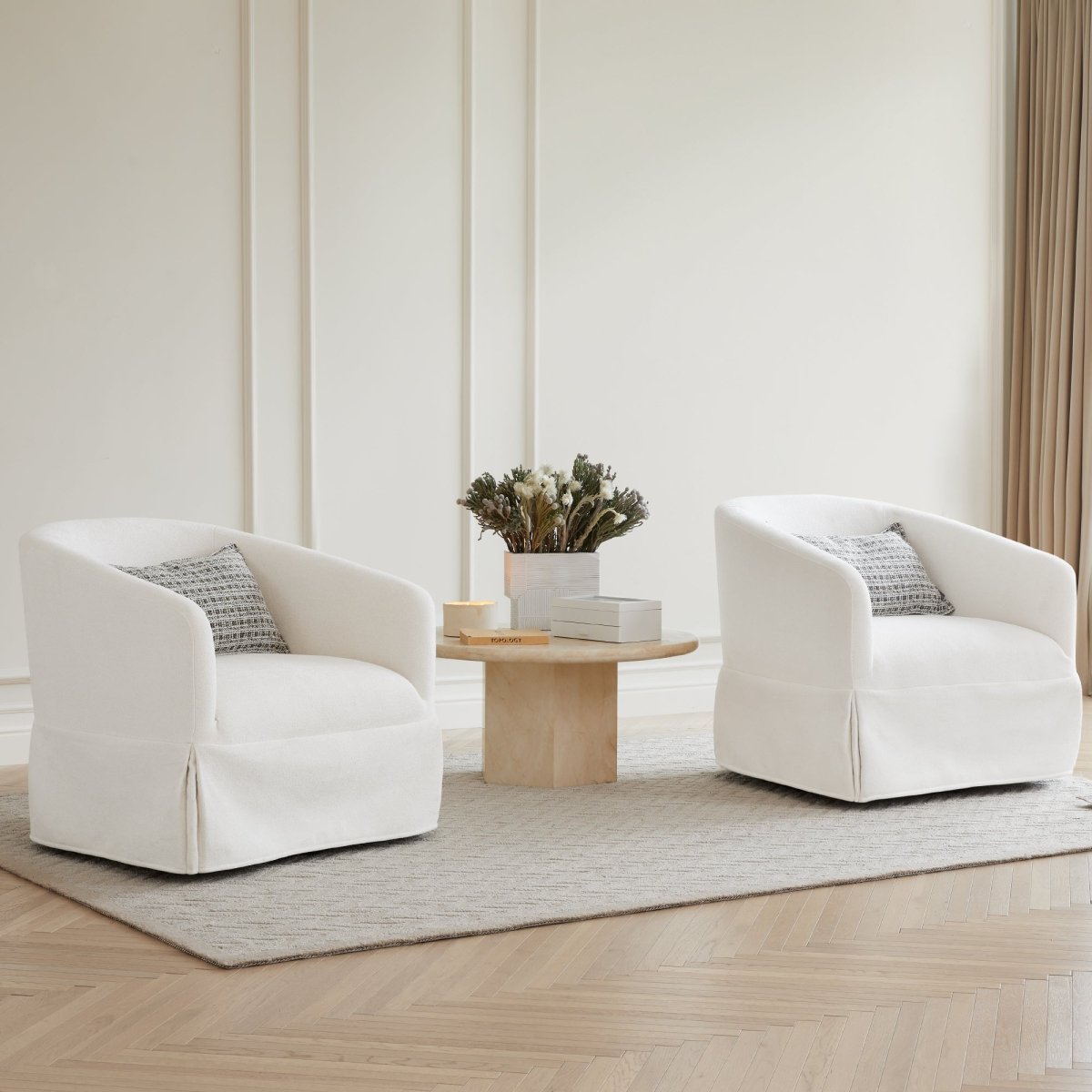 Slipcovered Swivel Armchair in Soft Beige Fabric