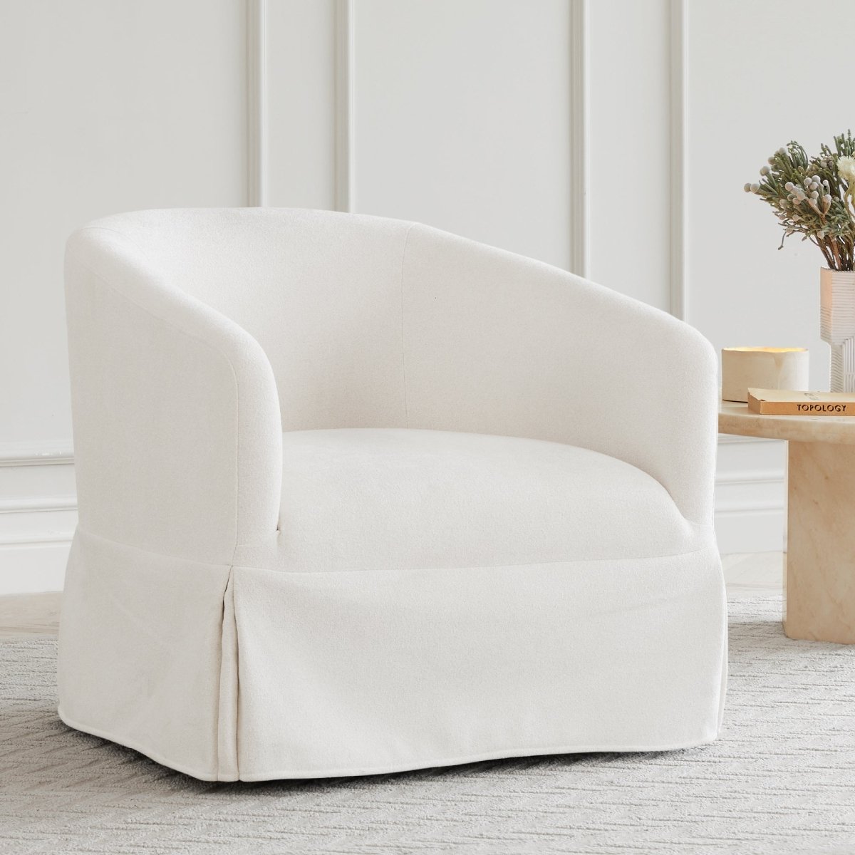 Slipcovered Swivel Armchair in Soft Beige Fabric