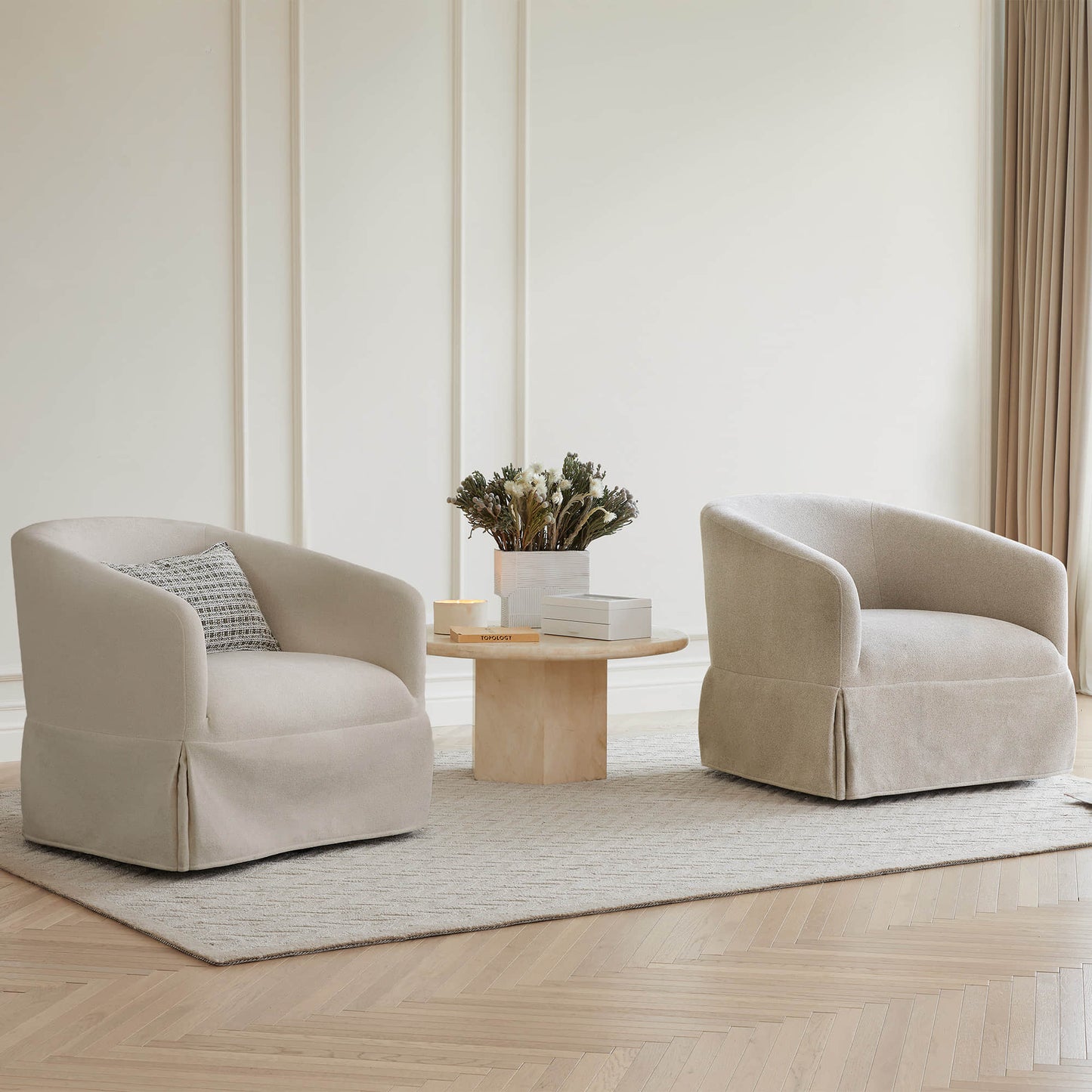 Slipcovered Swivel Armchair in Soft Beige Fabric