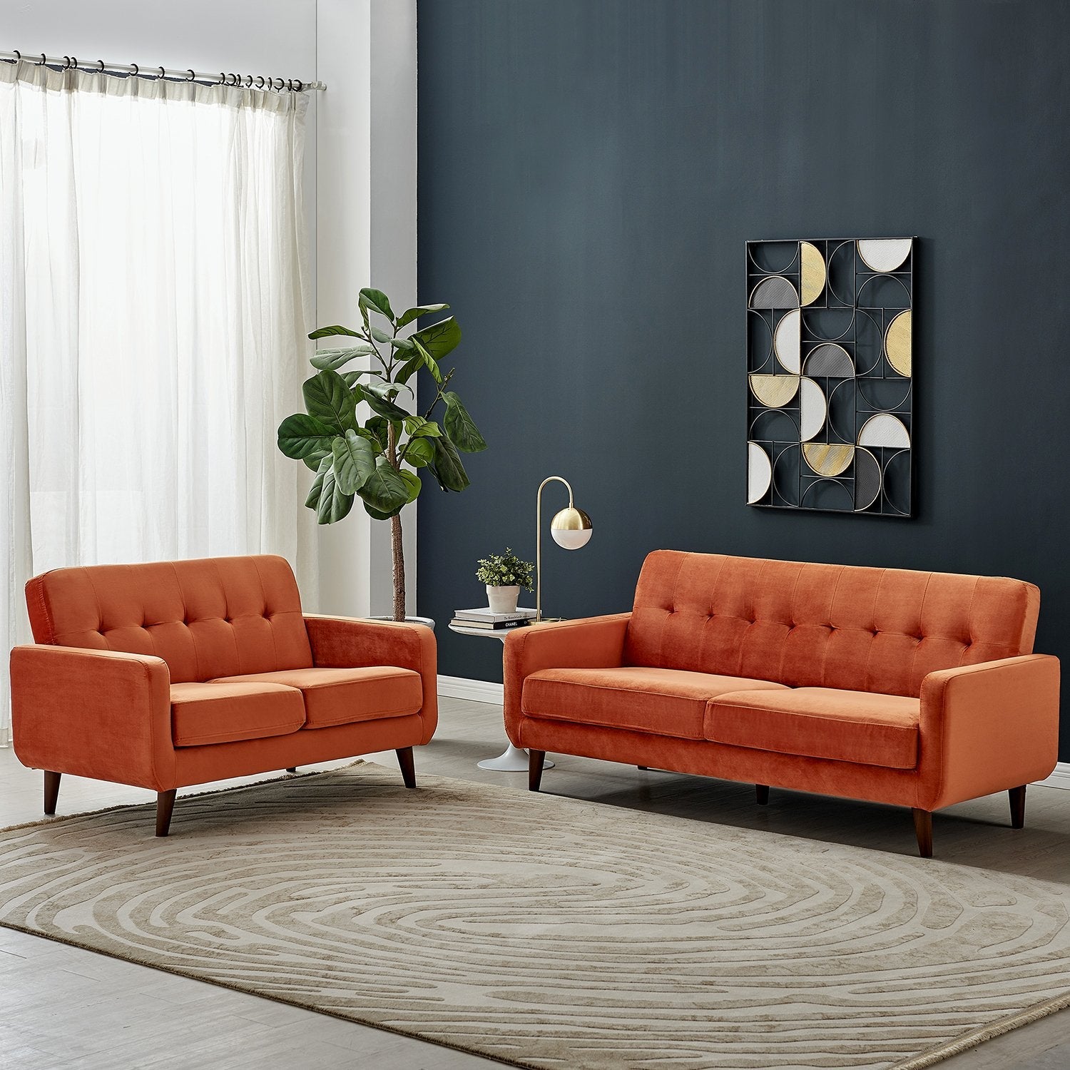 Sofa in Burnt Orange Velvet with Sleek Lines