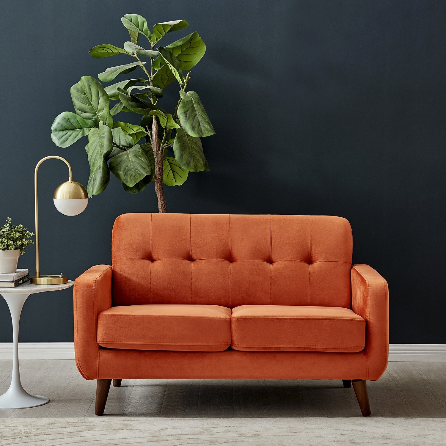 Sofa in Burnt Orange Velvet with Sleek Lines