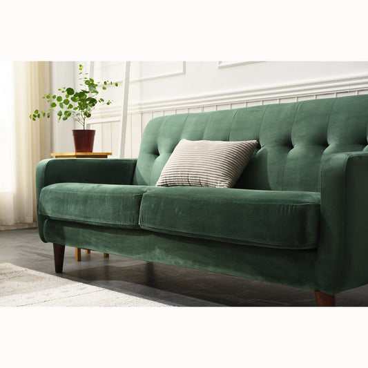 Sofa in Green Velvet with Sleek Armrests