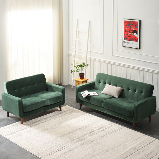Sofa in Green Velvet with Sleek Armrests