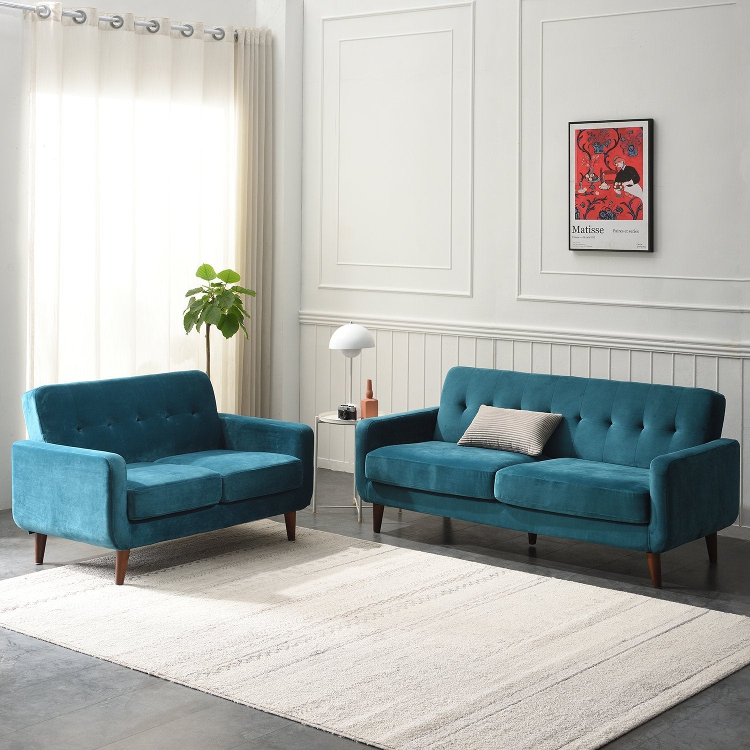 Sofa in Teal Blue Velvet with Curved Arms