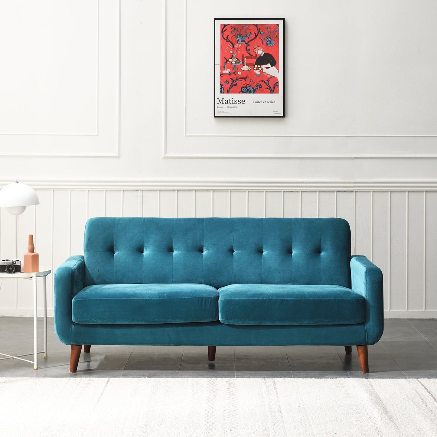 Sofa in Teal Blue Velvet with Curved Arms