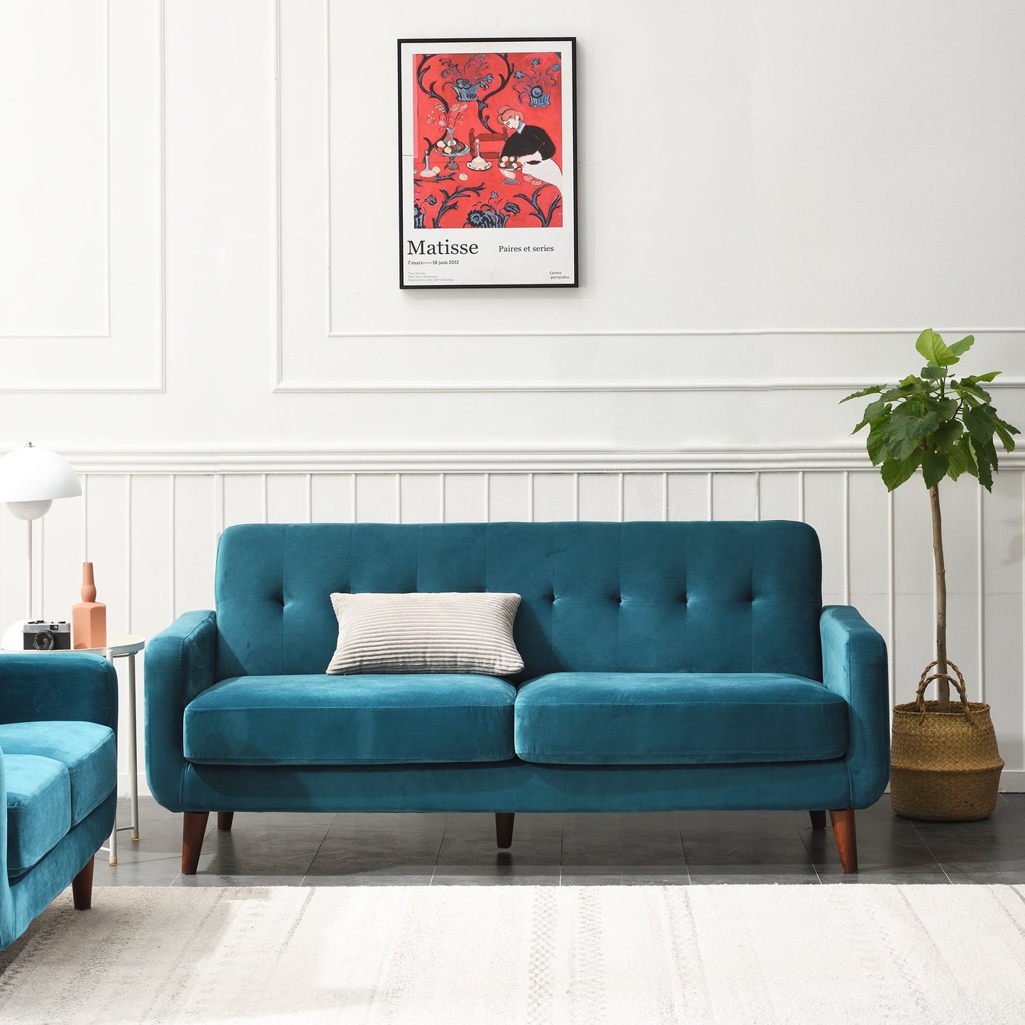 Sofa in Teal Blue Velvet with Curved Arms