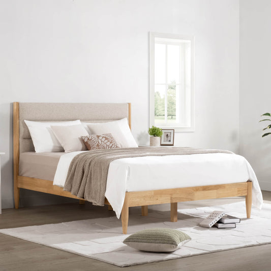 Solid Wood Bed with Boucle Upholstery and High Headboard
