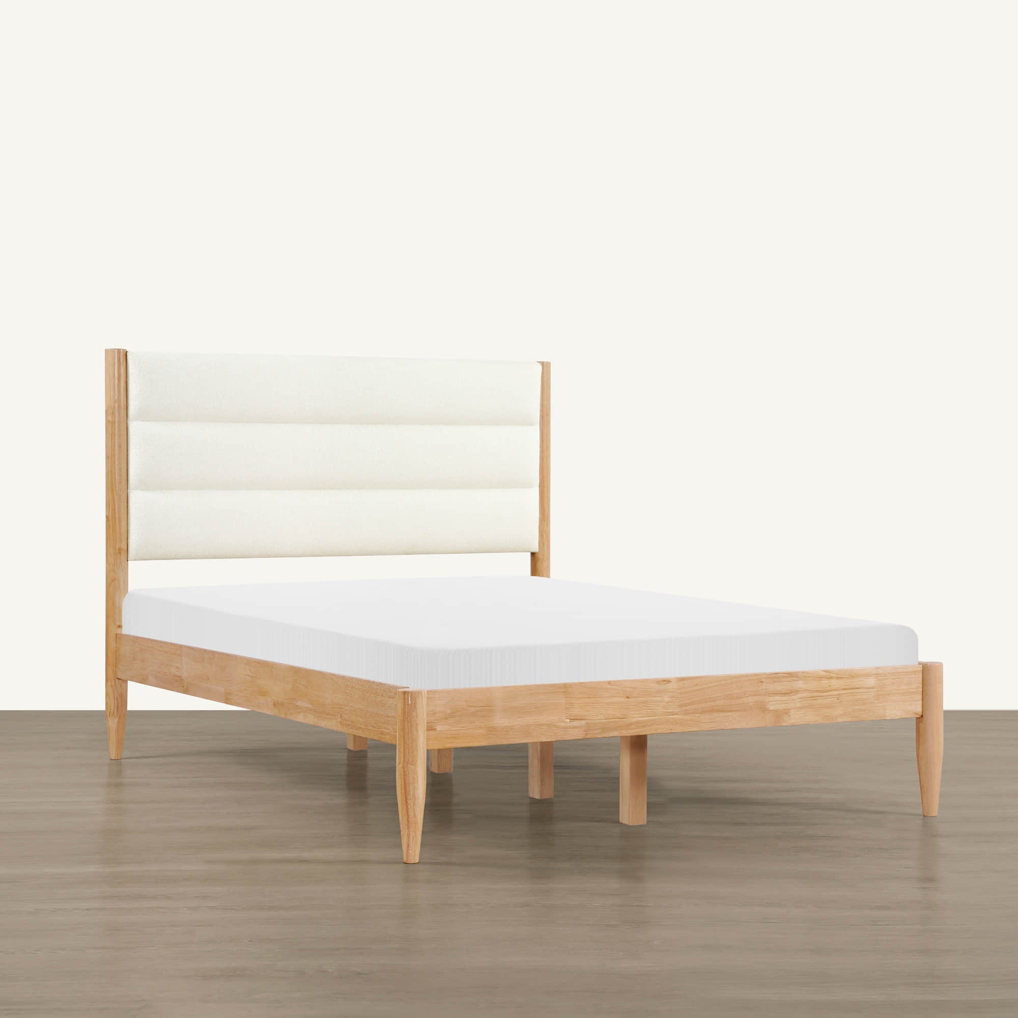 Solid Wood Bed with Boucle Upholstery and High Headboard