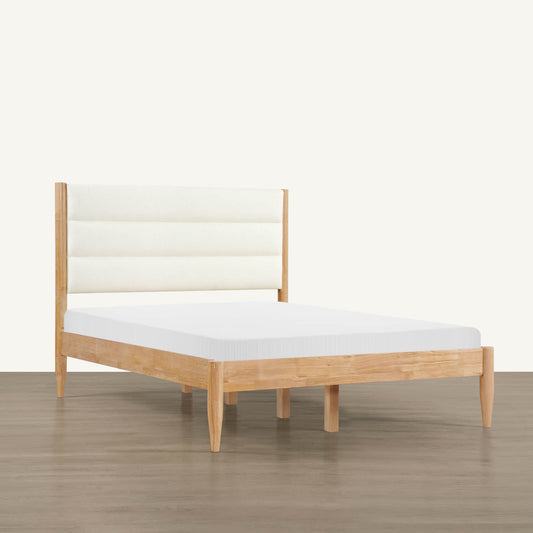 Solid Wood Bed with Boucle Upholstery and High Headboard