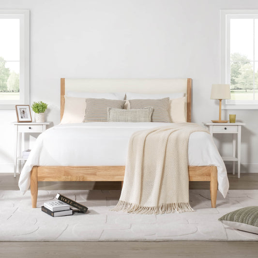 Solid Wood Bed with Boucle Upholstery and High Headboard