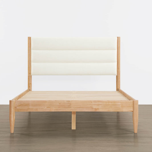 Solid Wood Bed with Boucle Upholstery and High Headboard