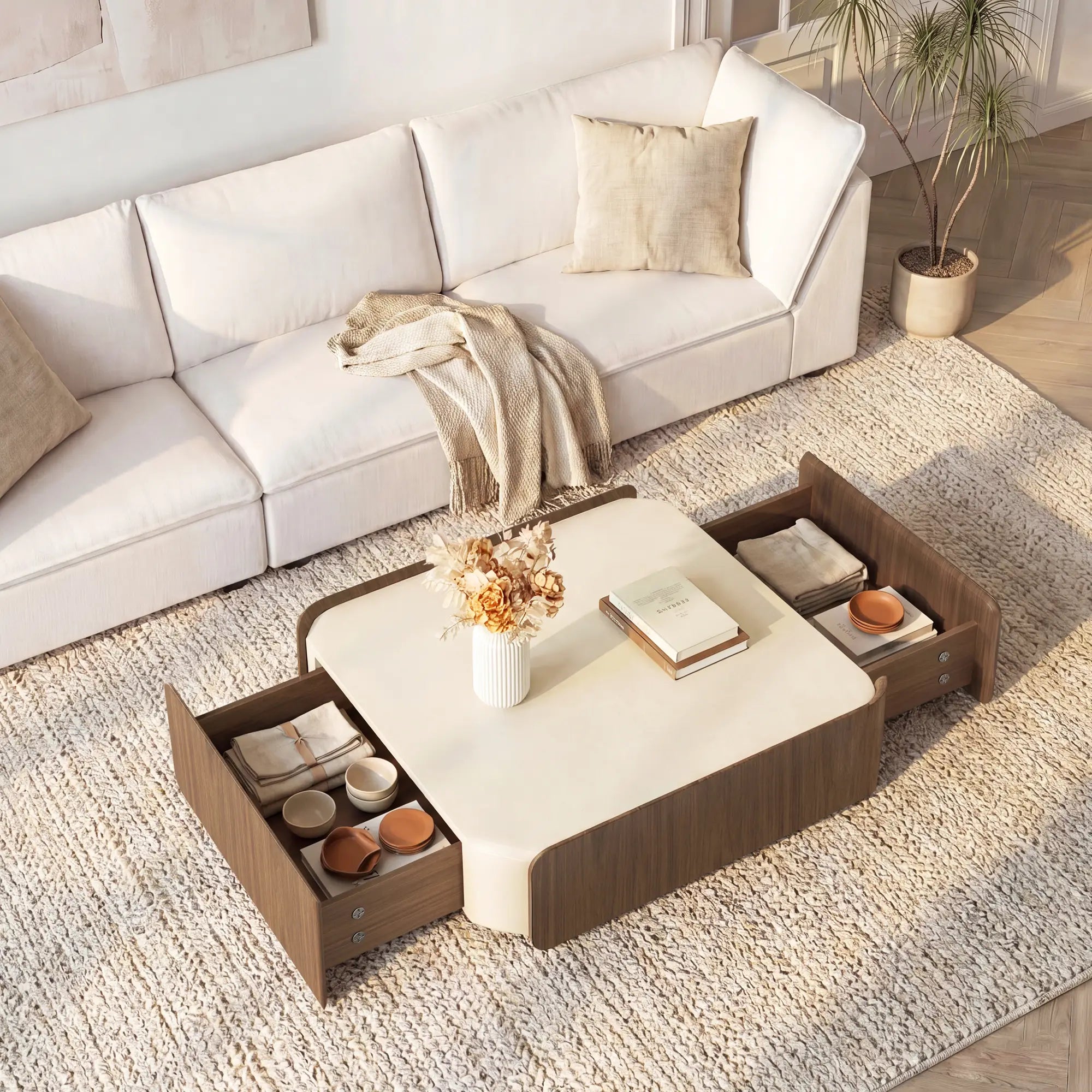 Square Coffee Table in Wood with Dual Storage Drawers