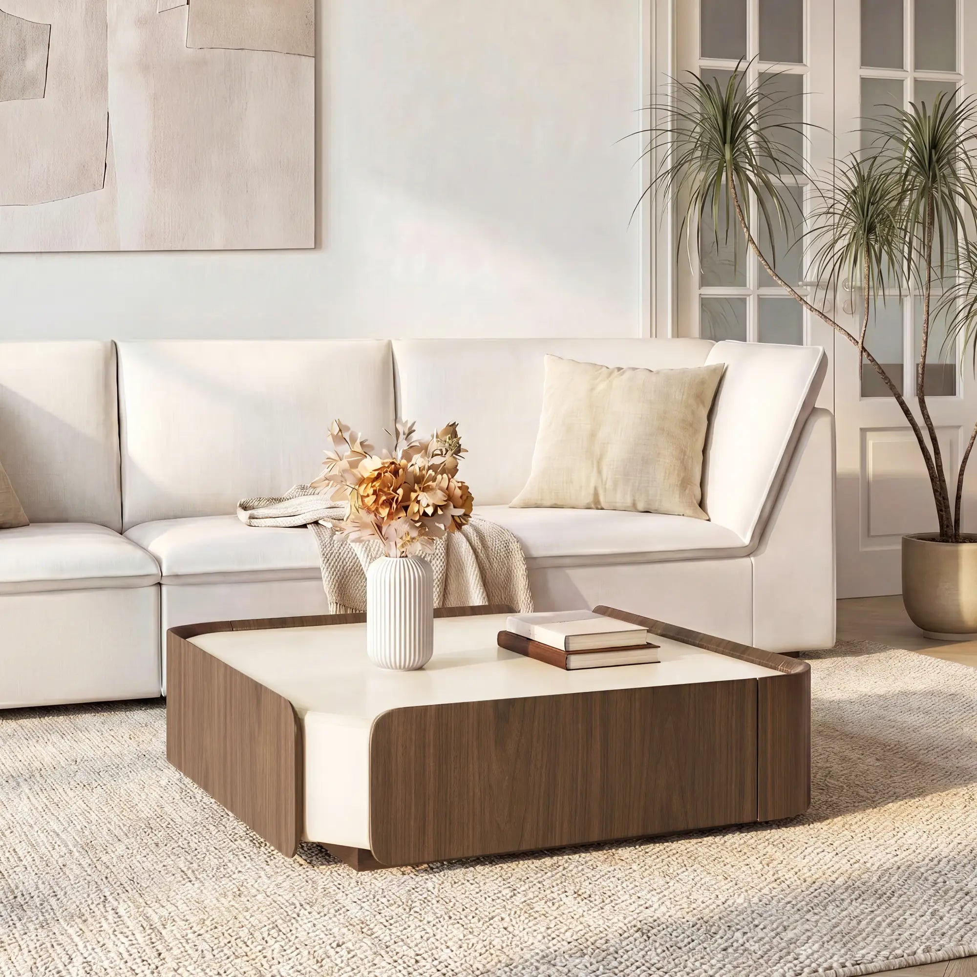Square Coffee Table in Wood with Dual Storage Drawers
