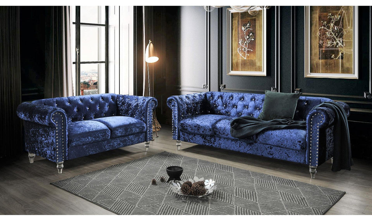 3-Seater Tufted Velvet Sofa with Crystal Accents