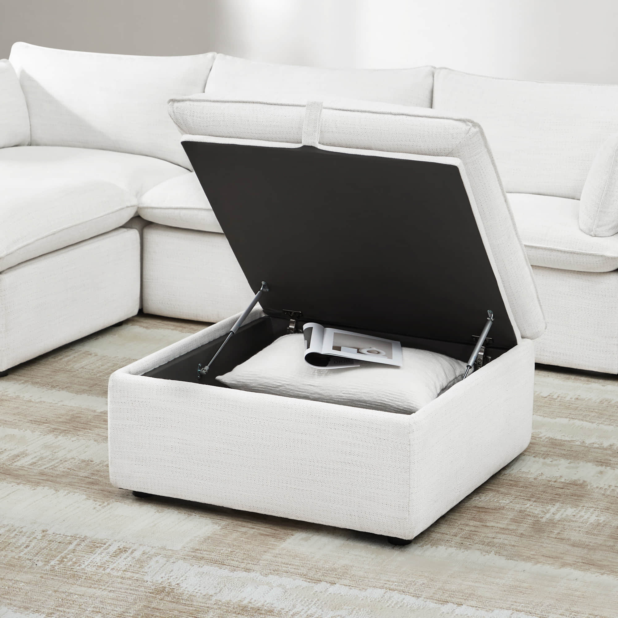 Storage Ottoman with Tufted Top in Soft Fabric
