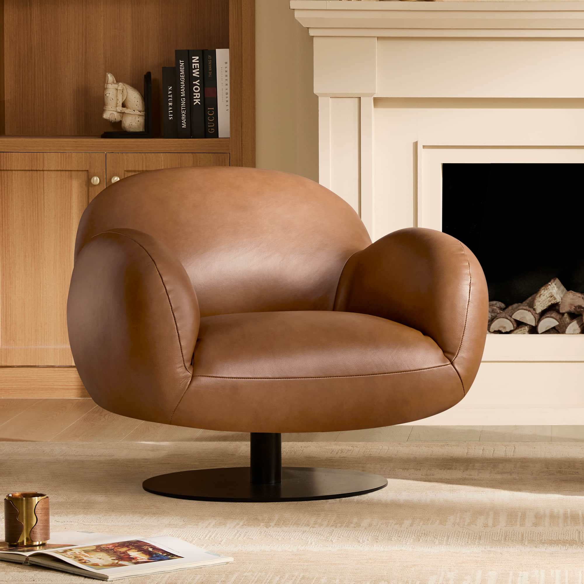 Swivel Accent Chair in Cloud Puffy Genuine Leather