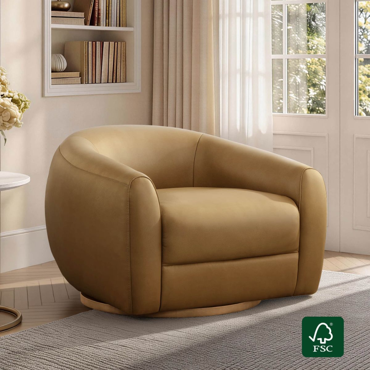 Swivel Accent Chair in Genuine Leather with Modern Design
