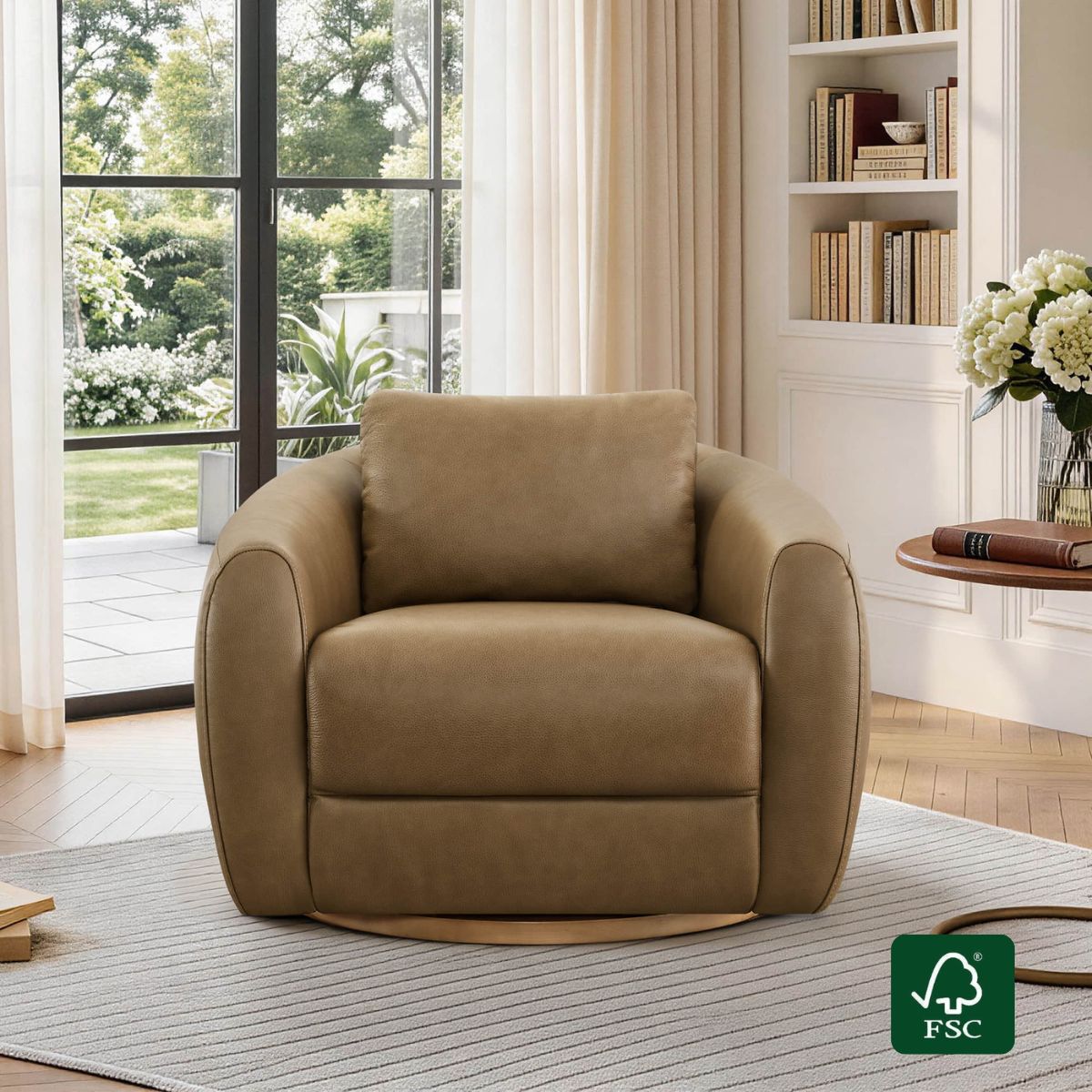 Swivel Accent Chair in Genuine Leather with Modern Design