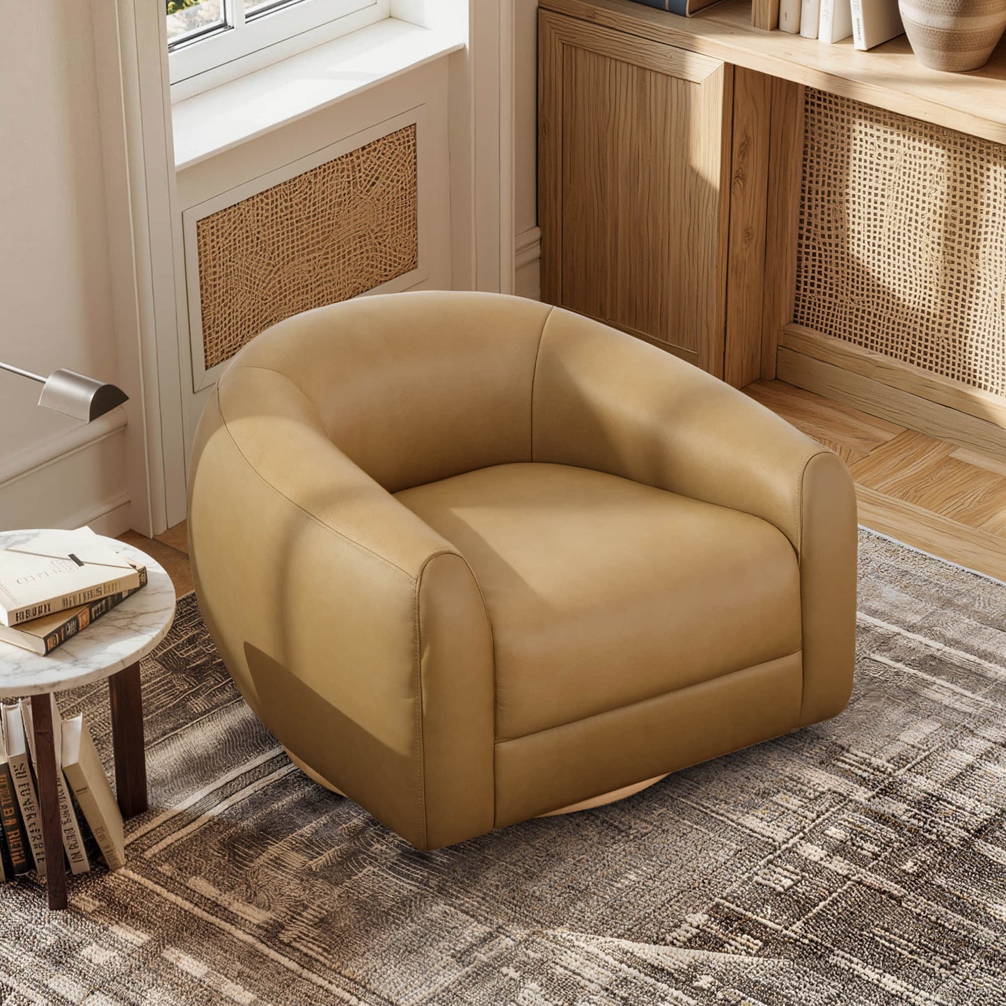 Swivel Accent Chair in Genuine Leather with Modern Design