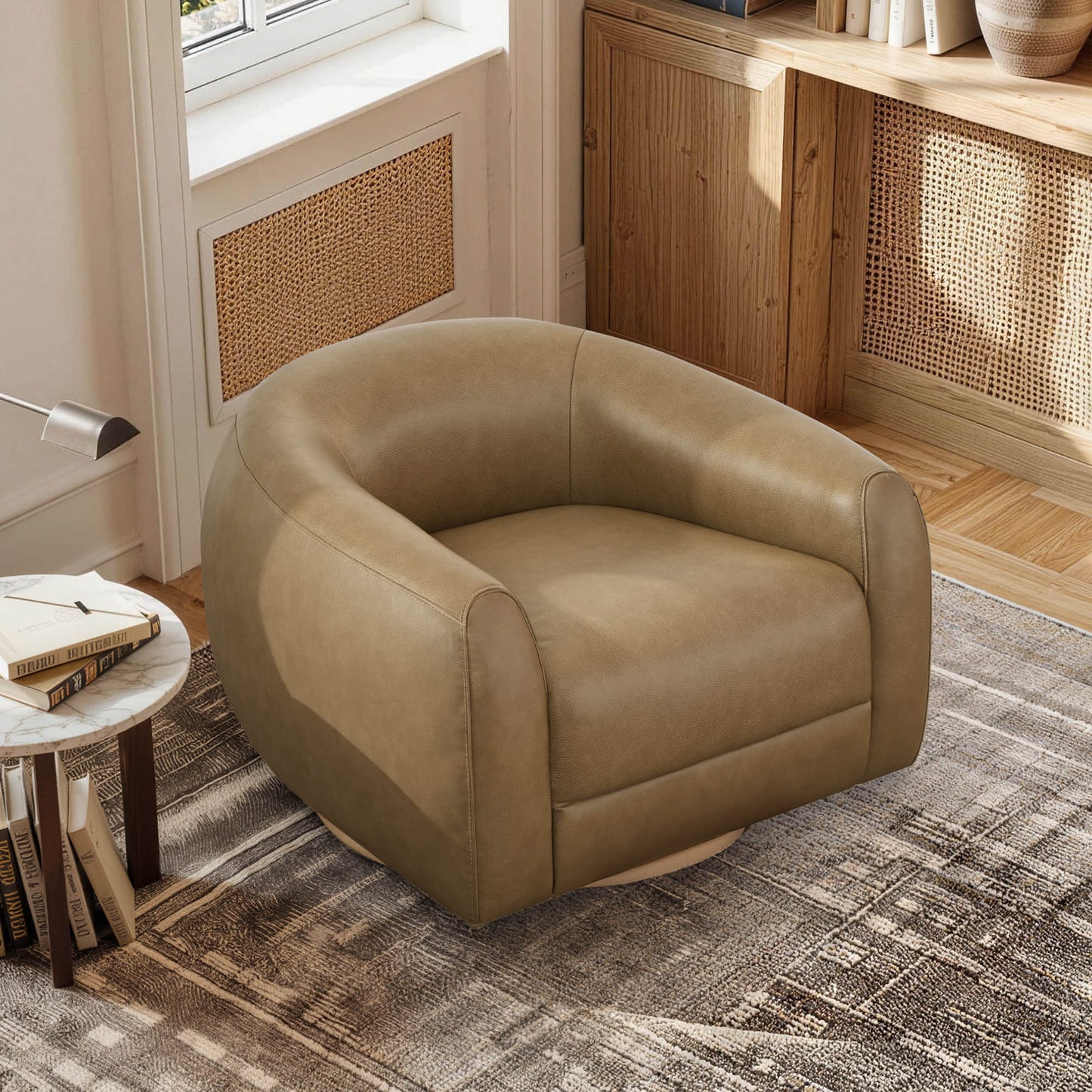 Swivel Accent Chair in Genuine Leather with Modern Design