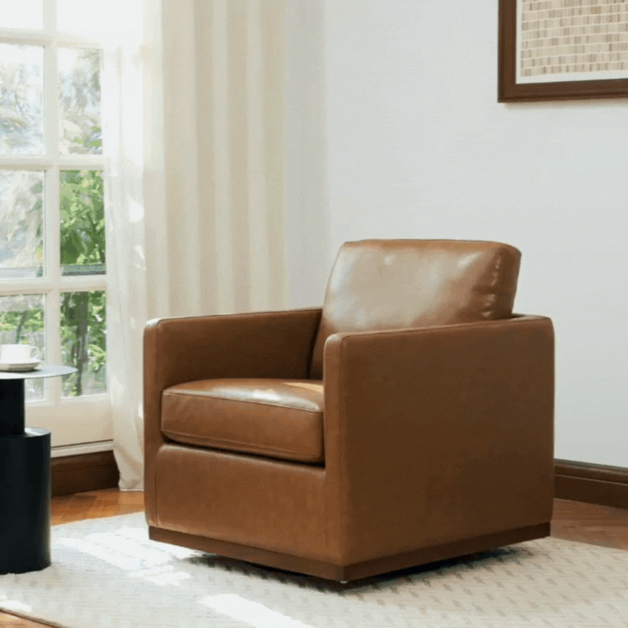 Swivel Accent Chair with Wooden Base and Curved Design