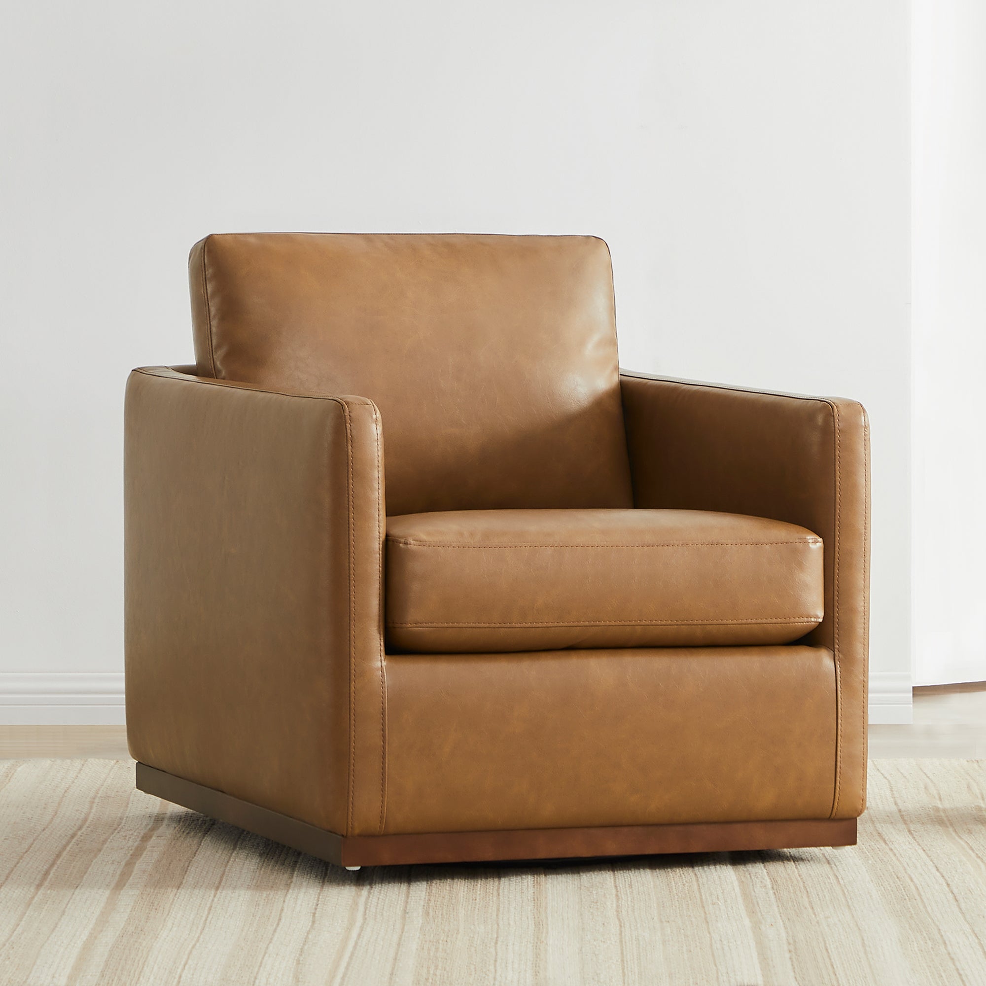 Swivel Accent Chair with Wooden Base and Curved Design