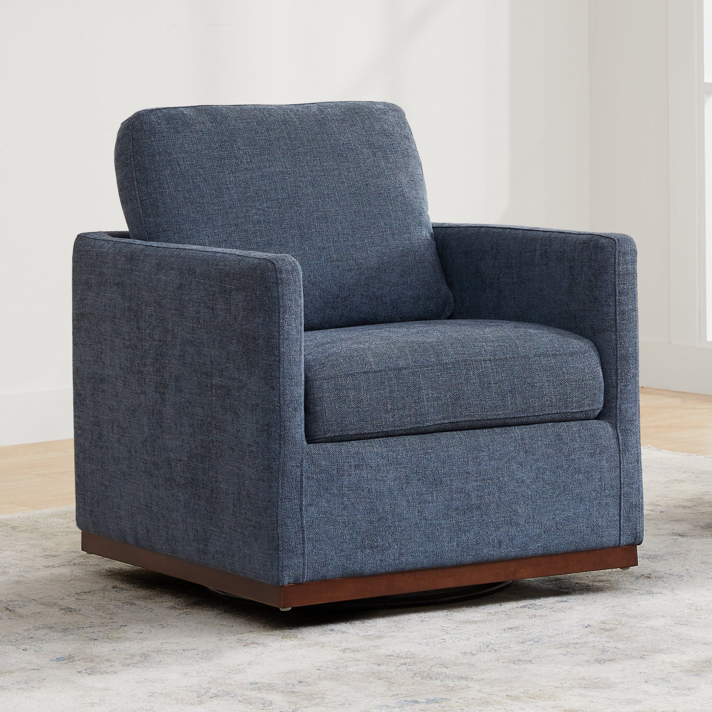 Swivel Accent Chair with Wooden Base and Curved Design