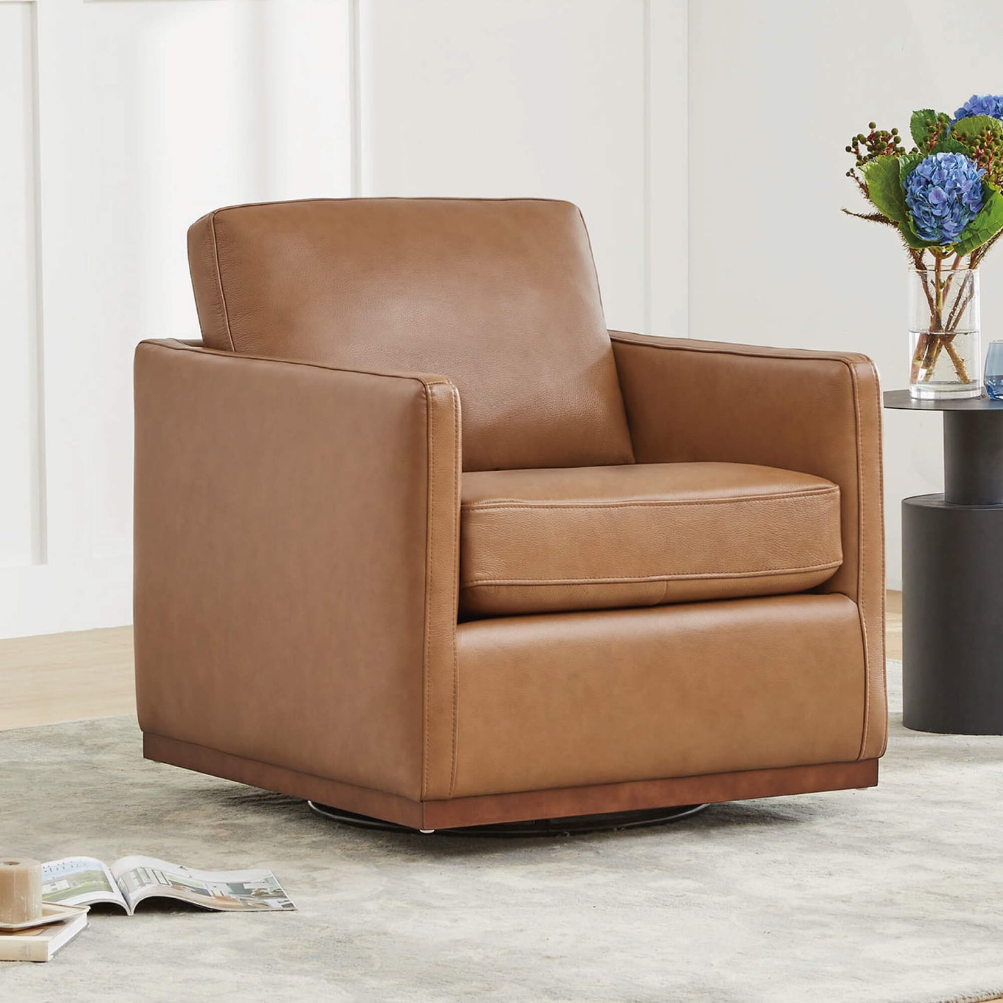 Swivel Accent Chair with Wooden Base and Curved Design