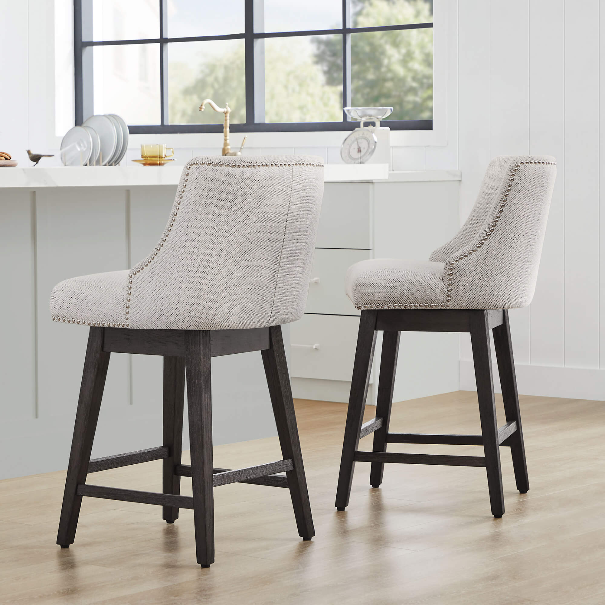 Swivel Bar Stool with Nailhead Trim and Wooden Seat