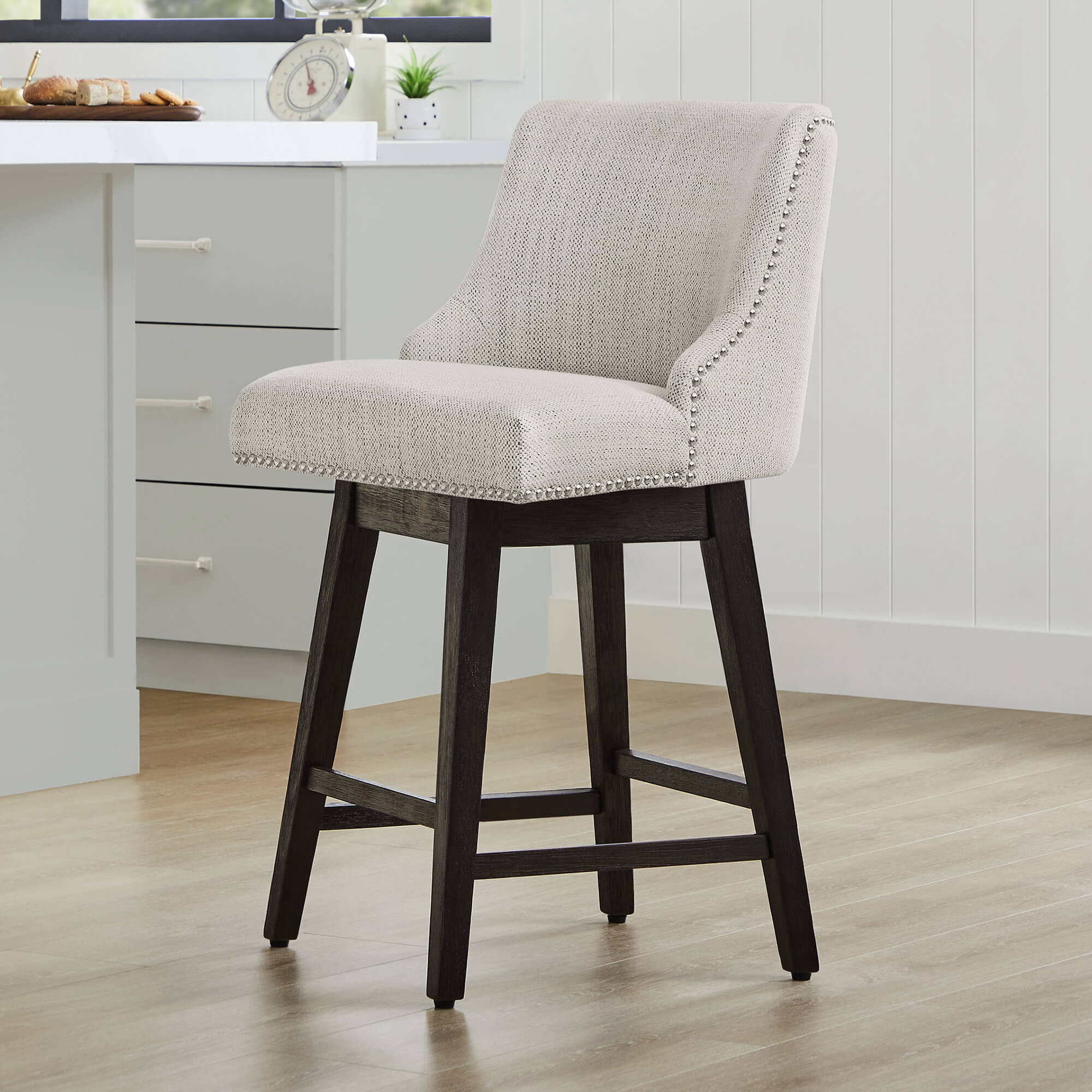 Swivel Bar Stool with Nailhead Trim and Wooden Seat