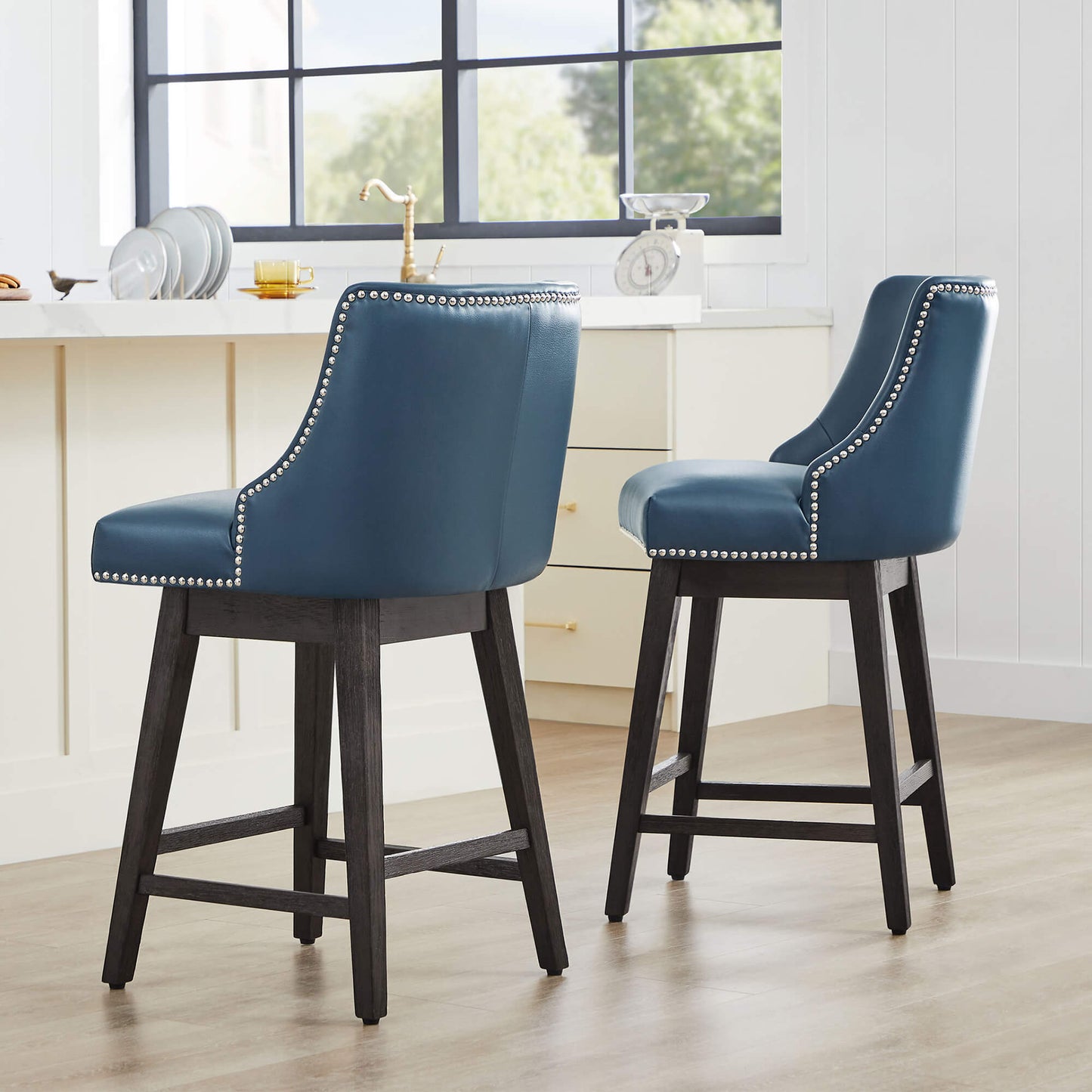 Swivel Bar Stool with Nailhead Trim and Wooden Seat