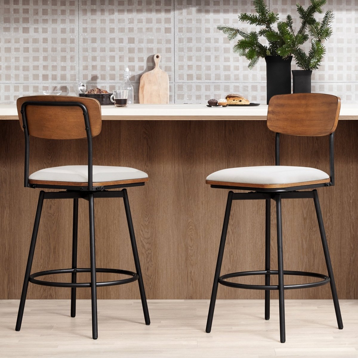 Swivel Bar Stools with Upholstered Seat and Back Rest