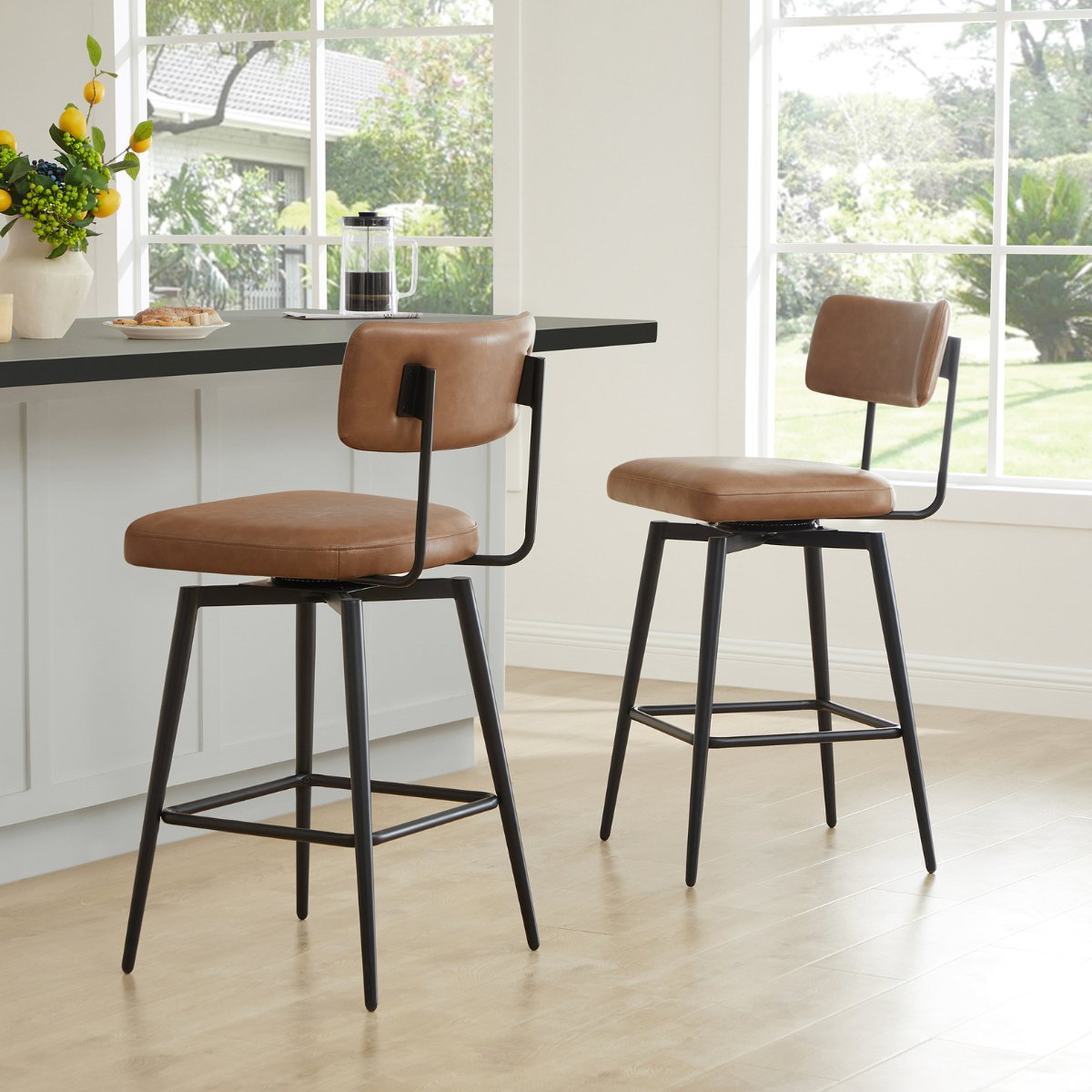 Swivel Counter Stools with Wooden Seat and Metal Frame