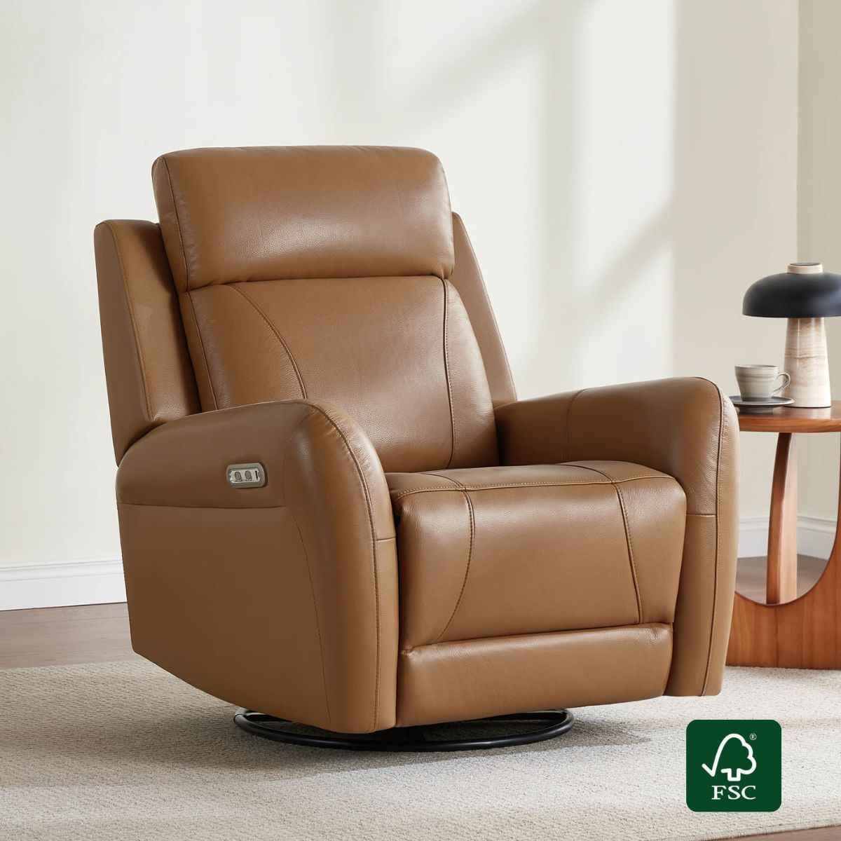 Swivel Glider Recliner in Genuine Leather with Power Function