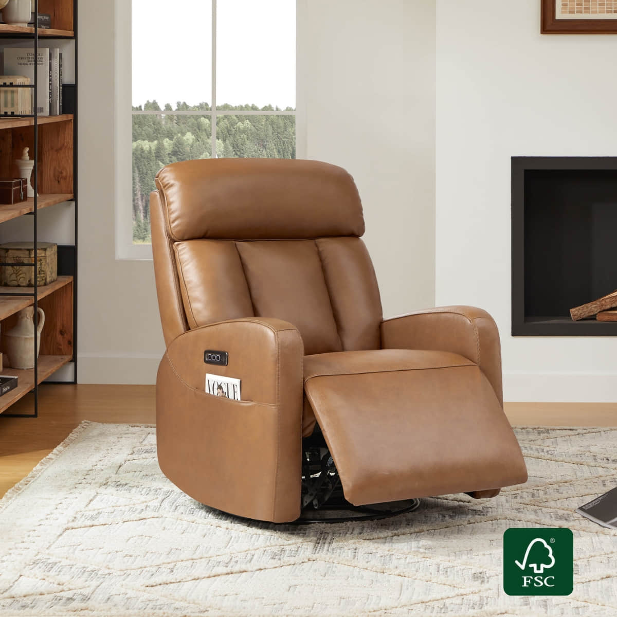 Swivel Glider Recliner in Genuine Leather with Power Lumbar