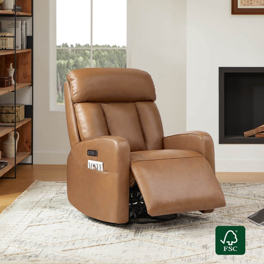 Swivel Glider Recliner in Genuine Leather with Power Lumbar
