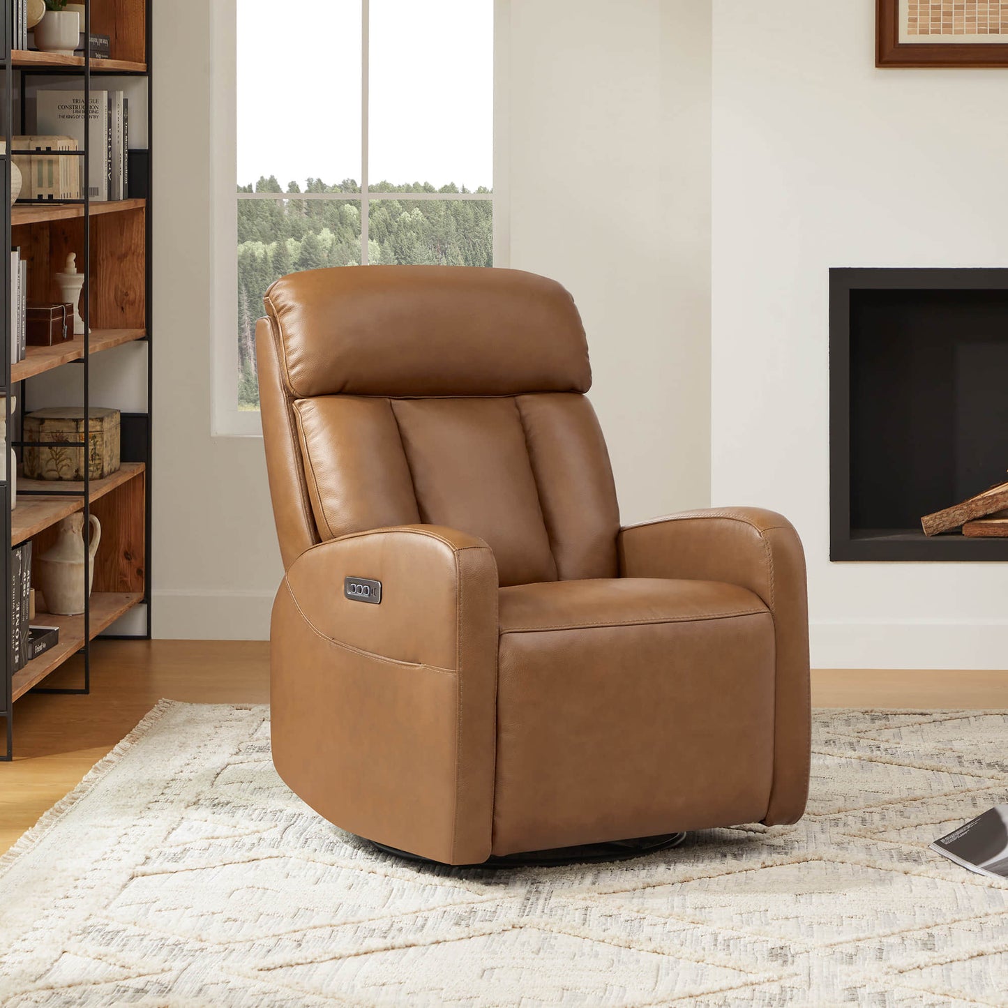 Swivel Glider Recliner in Genuine Leather with Power Lumbar