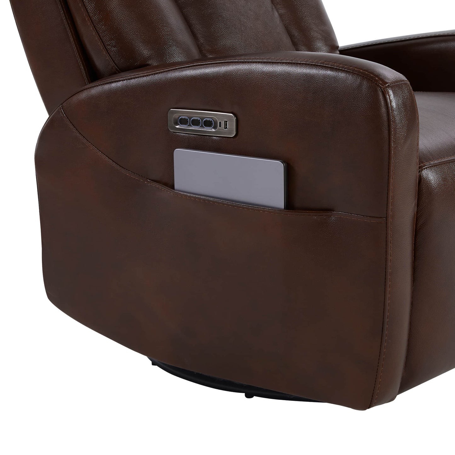 Swivel Glider Recliner in Genuine Leather with Power Lumbar