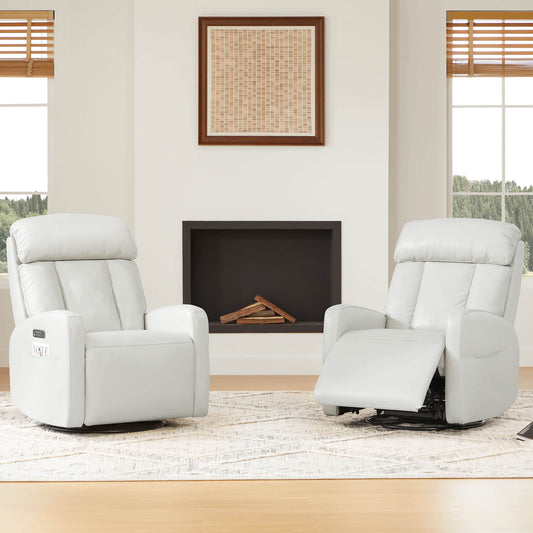 Swivel Glider Recliner in Genuine Leather with Power Lumbar