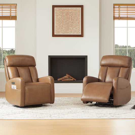 Swivel Glider Recliner in Genuine Leather with Power Lumbar