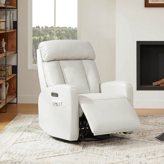 Swivel Glider Recliner in Genuine Leather with Power Lumbar